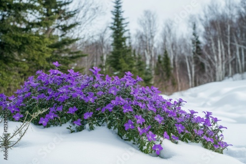 Blooming purple flowers emerging through snow in a serene winter landscape