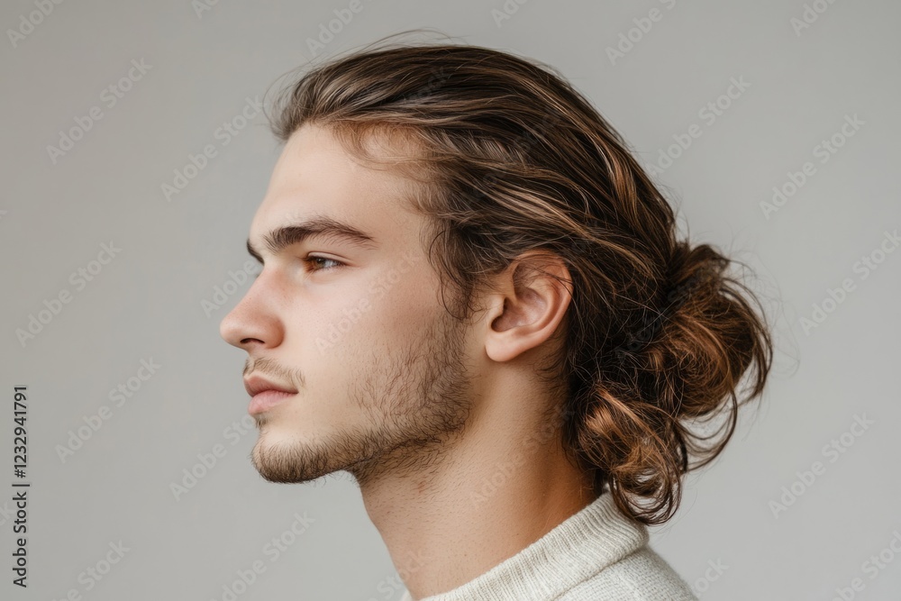 Fototapeta premium Profile of a young male model with long brown hair tied in a bun, showcasing a trendy hairstyle