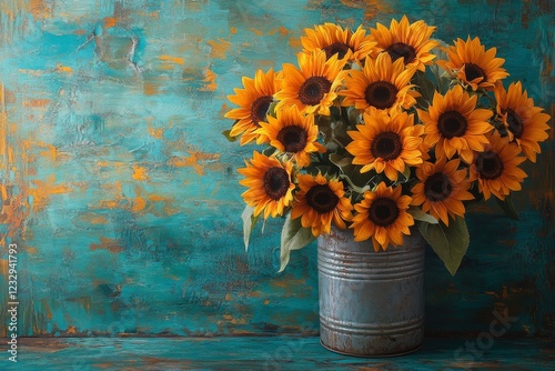 Bright sunflowers in a rustic can against a teal wooden background