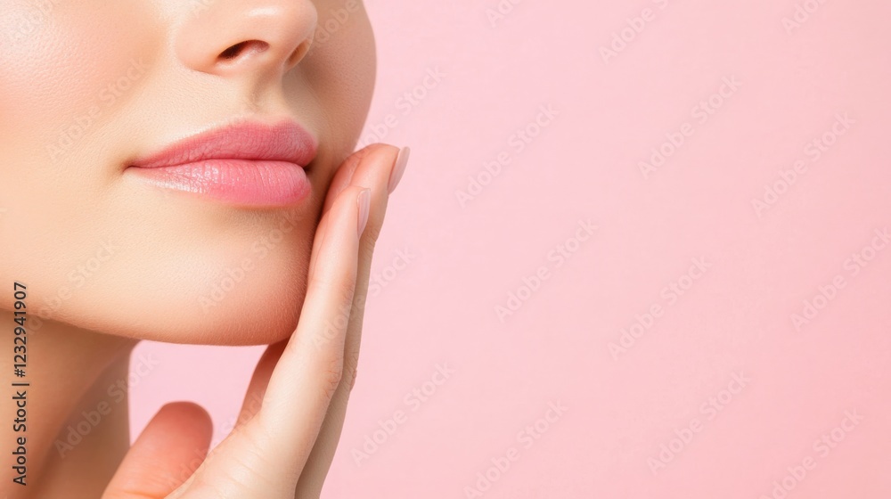 Fototapeta premium closeup of a woman's face with soft pink lips and healthy skin, touching her face gently on a pink background
