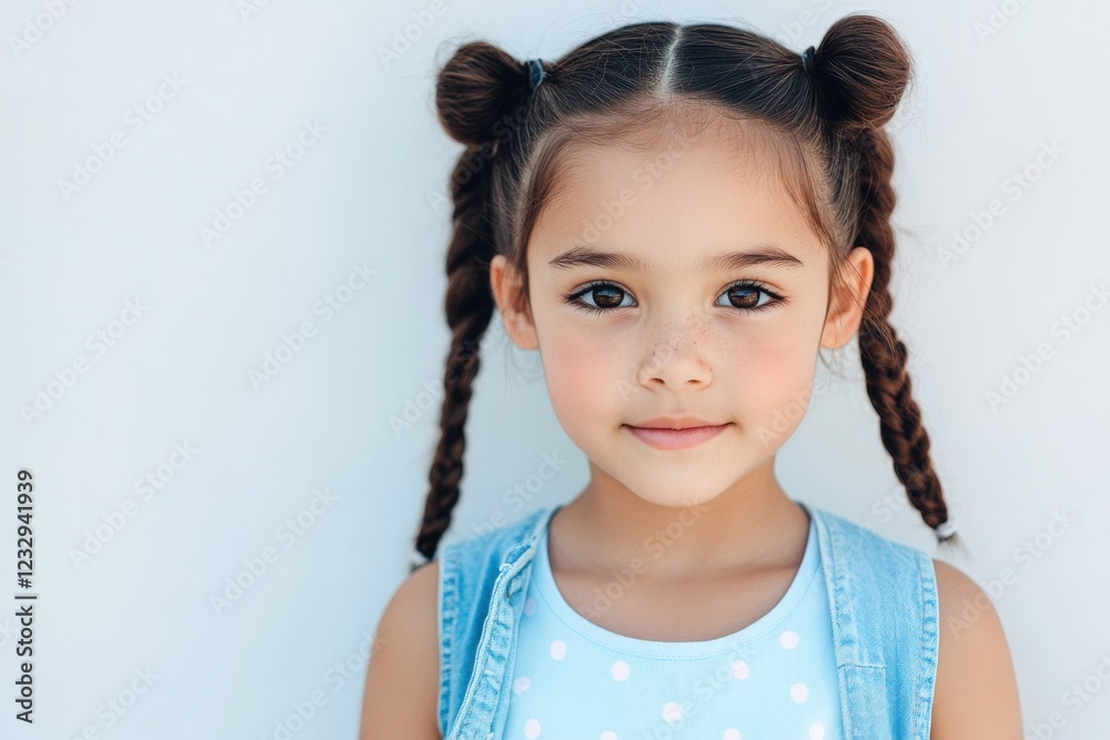 cute young girl with braided hair wearing a denim vest and polka dot top cute young girl with braided hair wearing a denim vest and polka dot top
