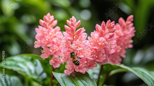 Busy bumblebee pollinating pink flowers in a vibrant garden during springtime...