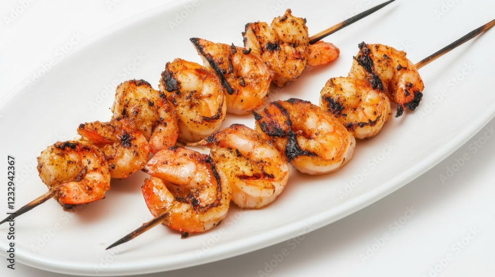 A simple serving of grilled shrimp skewers, lightly seasoned and arranged on a plain white ceramic plate, Shrimp skewers centered A simple serving of grilled shrimp skewers, lightly seasoned and arranged on a plain white ceramic plate, Shrimp skewers centered