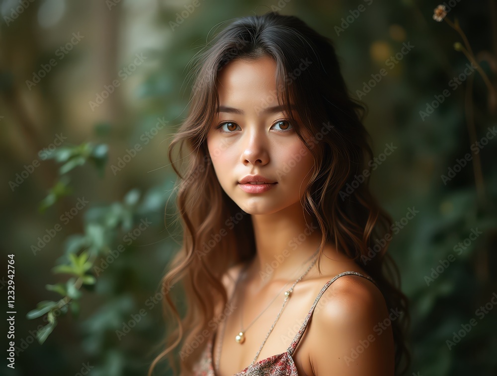 Young Asian Woman Posing in a Green Foliage Background Young Asian Woman Posing in a Green Foliage Background