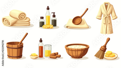 Spa Sauna Items Collection Featuring Plush Towels, Aromatic Essential Oils, Wooden Ladle and Pail, Robe, Oak Broom or Tea with Candle For Relaxation And Rejuvenation. Cartoon Vector Illustration