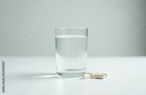 glass of water and four pills with ab white background photo