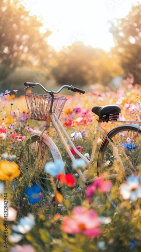 Bright blue bicycle parked in a colorful wildflower field during sunset