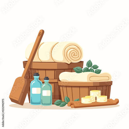 Spa Sauna Items Collection Featuring Plush Towels, Aromatic Essential Oils, Wooden Ladle and Pail, Robe, Oak Broom or Tea with Candle For Relaxation And Rejuvenation. Cartoon Vector Illustration