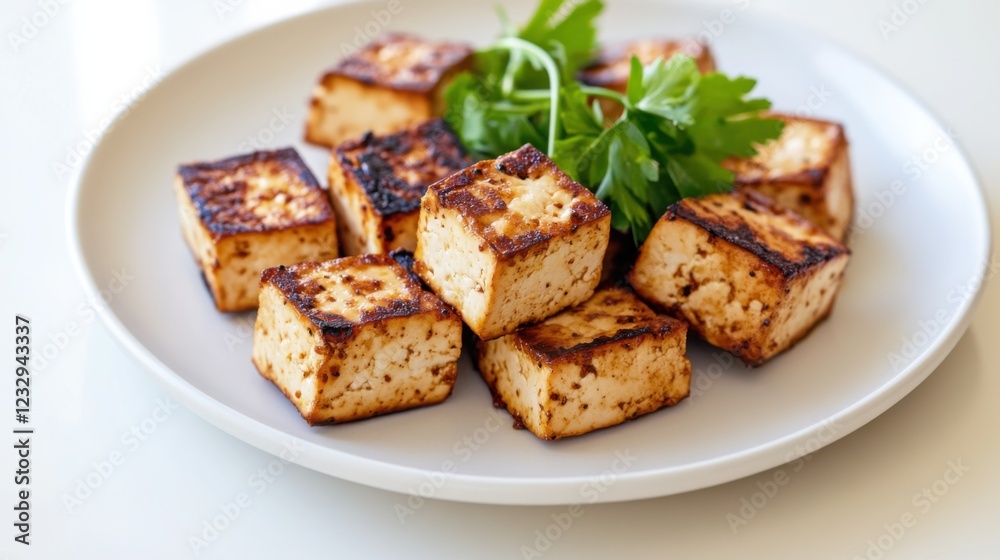 A simple serving of grilled tofu cubes, lightly seasoned and arranged on a plain white ceramic plate, Tofu cubes centered A simple serving of grilled tofu cubes, lightly seasoned and arranged on a plain white ceramic plate, Tofu cubes centered