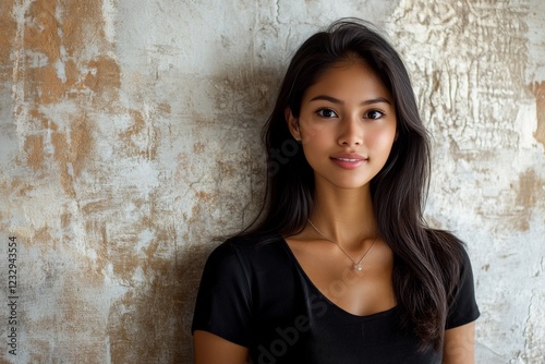 Portrait of a young woman with curly hair against a rustic wall showcasing na...