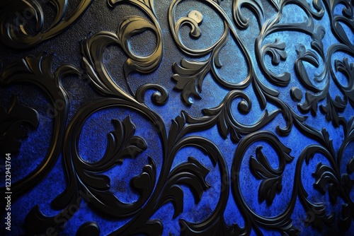 Intricate blue and black patterned wall design with vintage texture and wear