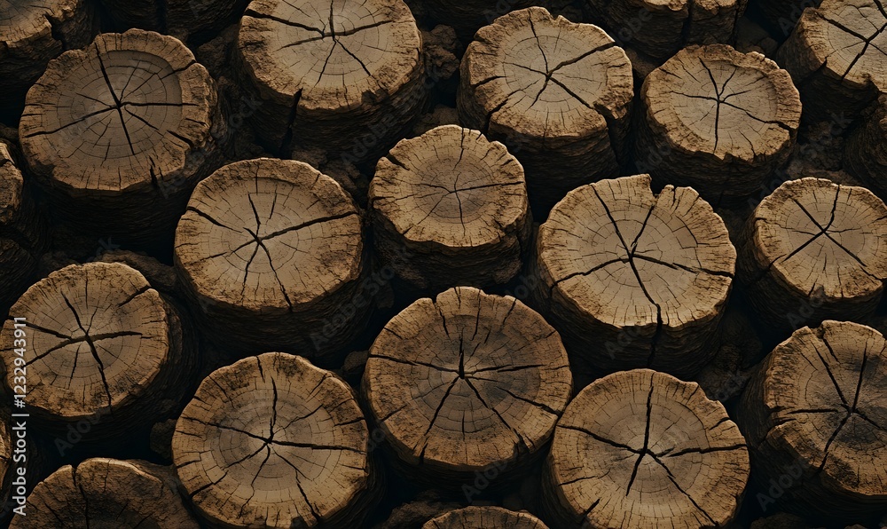 Naklejka premium Stacked tree stumps, textured wood background, nature, rustic, design