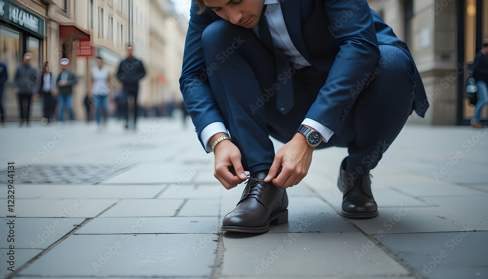 Man in a suit crouching on a sidewalk, tying brown leather shoes. A stylish groom or businessman in elegant formal wear. Classic, modern, and vintage fashion with a touch of luxury and sophistication. Man in a suit crouching on a sidewalk, tying brown leather shoes. A stylish groom or businessman in elegant formal wear. Classic, modern, and vintage fashion with a touch of luxury and sophistication.