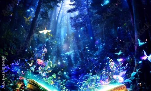 In the fairy forest, an elf's enchanted book opens with shimmering lights, magical powder, and fluttering butterflies