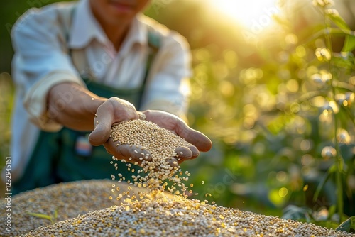 close-up photo of a young Asian farmer inspecting non GMO seeds in hand at a field. photo