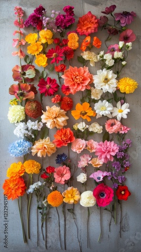 Colorful arrangement of various flowers against a textured background