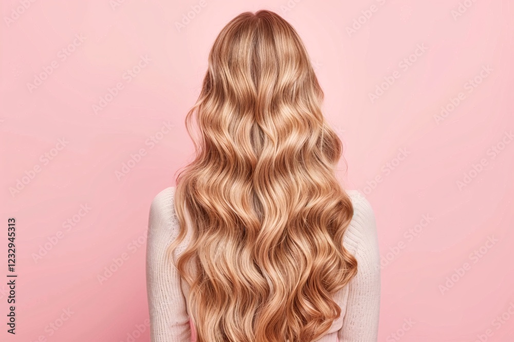 Fototapeta premium Back view of blonde woman with long wavy hair, shiny and smooth texture, pastel pink background, natural beauty, soft curls, minimalistic hairstyle, elegant and feminine concept