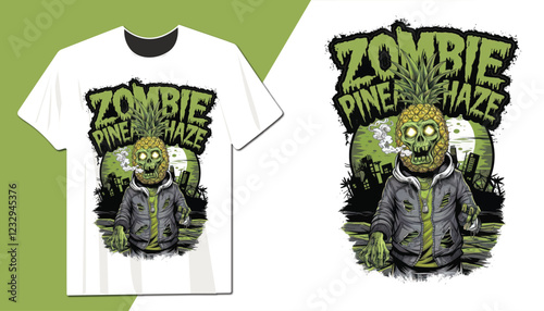 Zombie Pineapple Haze - Urban Grunge Horror Streetwear T-Shirt Design with a Smoking Undead Pineapple Head in a Post-Apocalyptic City