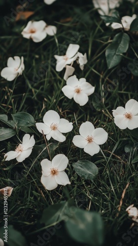 White flower petals scattered on green grass in a peaceful garden setting