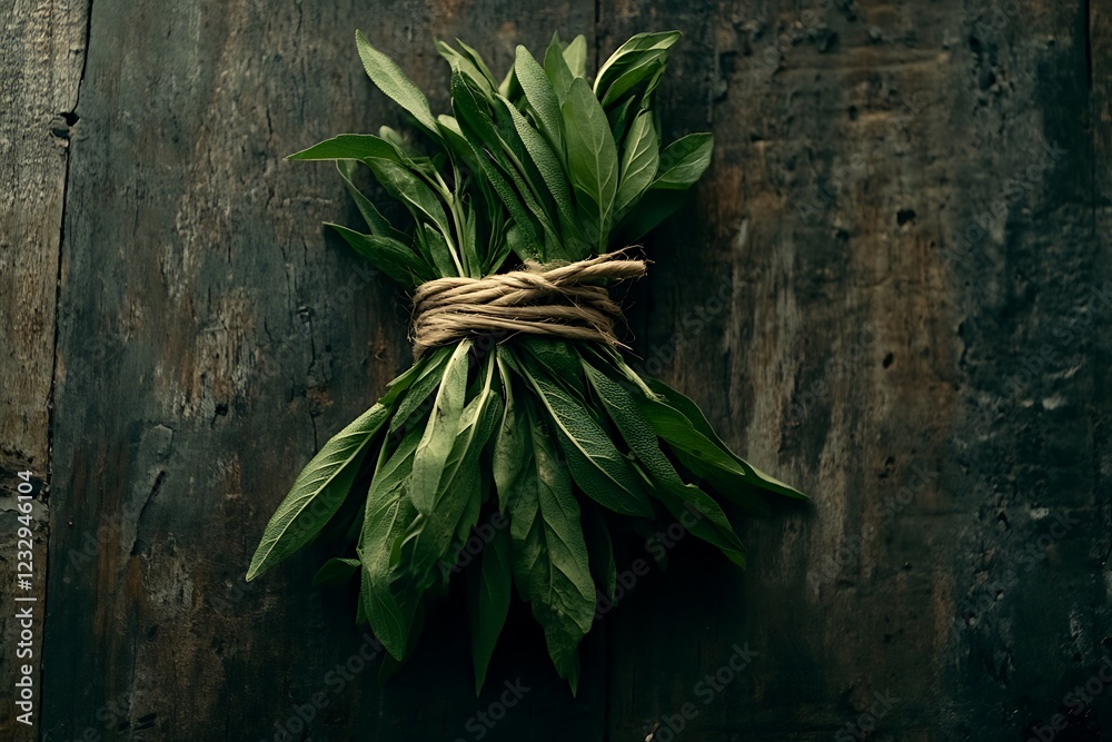 Obraz premium Fresh Sage Bundle on Rustic Wooden Table