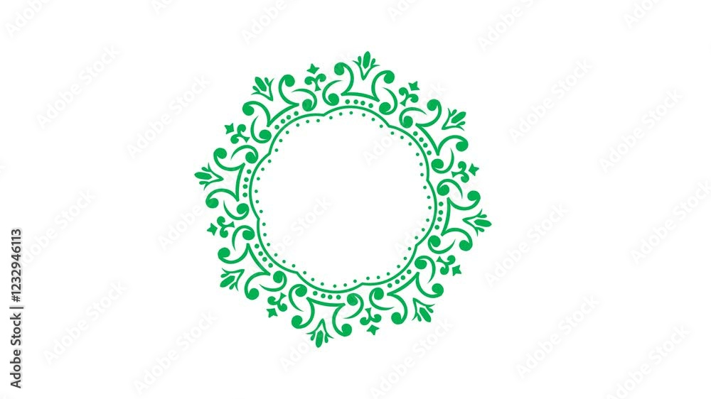 Green ornate circular frame with blank space, ideal for invitations, announcements, or elegant designs needing a decorative border element. Green ornate circular frame with blank space, ideal for invitations, announcements, or elegant designs needing a decorative border element.