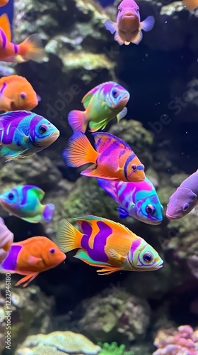 Colorful underwater scene with various fish swimming in a clear aquarium envi...