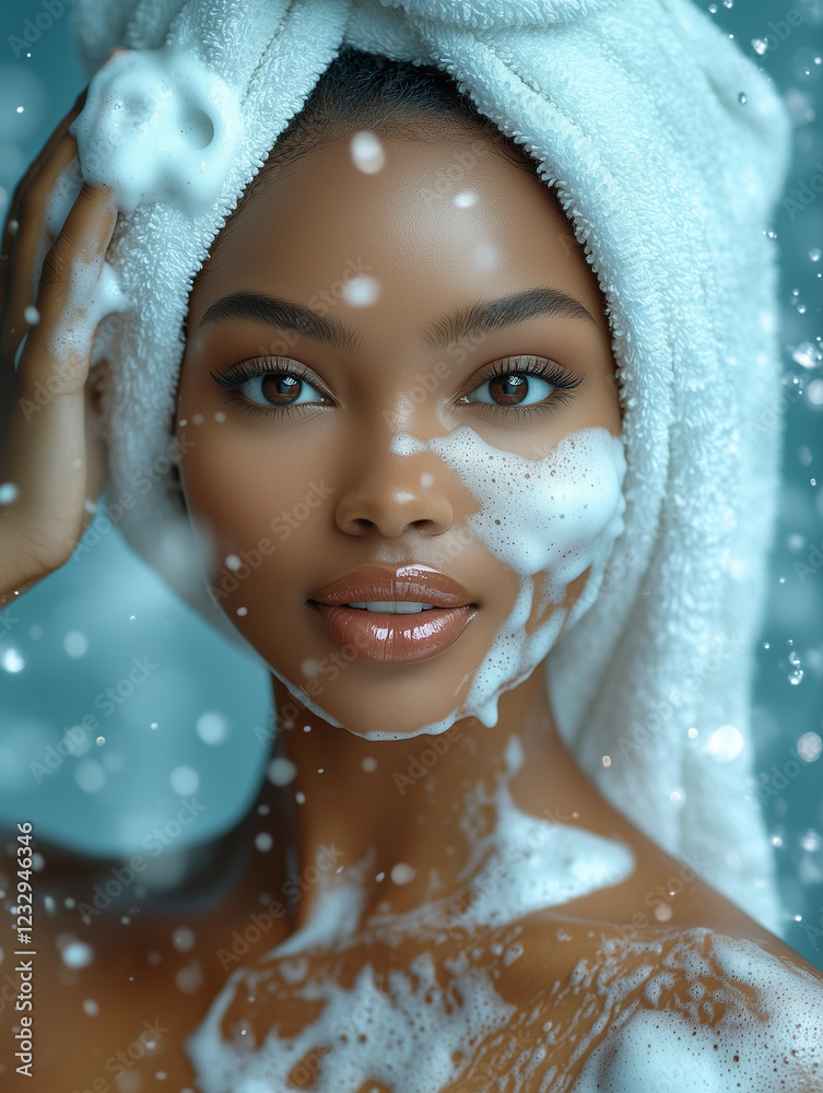 Beauty portrait of young african american woman with towel on head taking a shower, washing face with soap foam