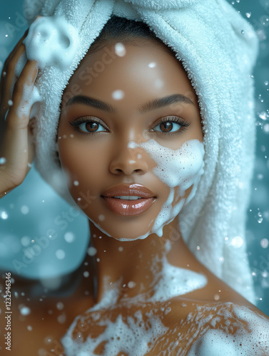 Obraz na płótnie Beauty portrait of young african american woman with towel on head taking a shower, washing face with soap foam w salonie
