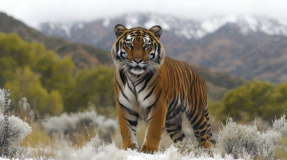 Fototapeta premium Majestic tiger in snowy mountains. Wildlife conservation