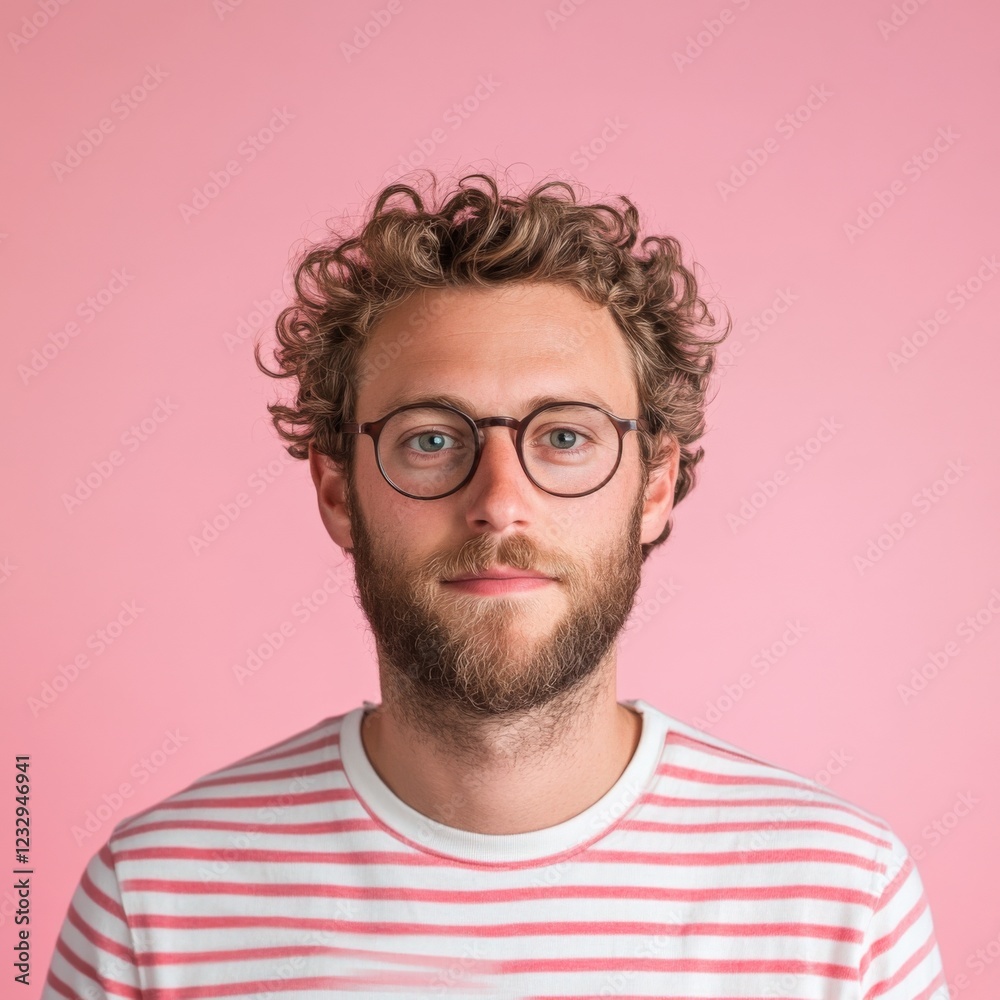 portrait of a young man with curly hair and glasses against a pink background portrait of a young man with curly hair and glasses against a pink background