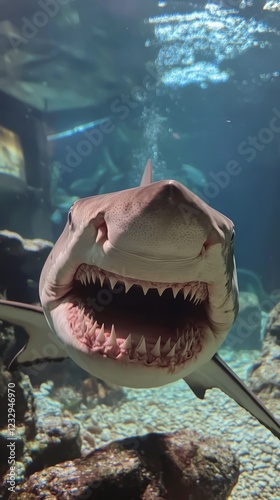 Shark showcasing fierce teeth while swimming in aquarium tank during daylight...