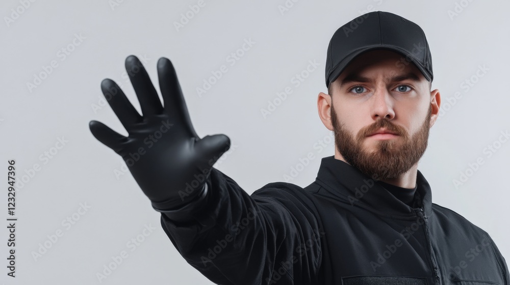 security guard making stop gesture with hand in black gloves security guard making stop gesture with hand in black gloves