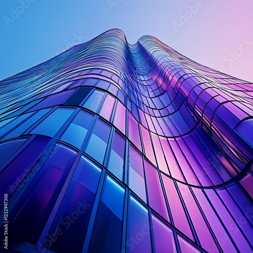 Modern Building With Wavy Glass Fa?ade Reflecting Purple and Blue Colors At Sunset