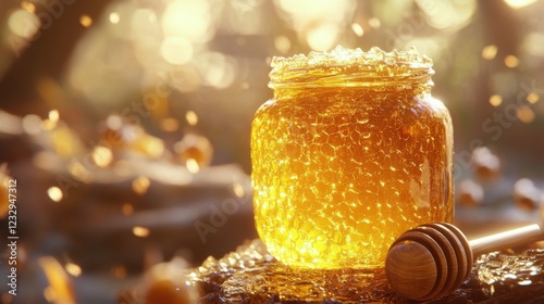 Honey jar with honey drizzling and bees in warm lighting during golden hour