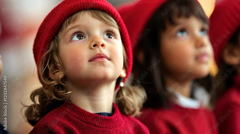 Children in red hats looking up with anticipation and wonder. Children in red hats looking up with anticipation and wonder.