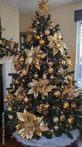 Beautifully decorated Christmas tree with golden ornaments and soft lights in...