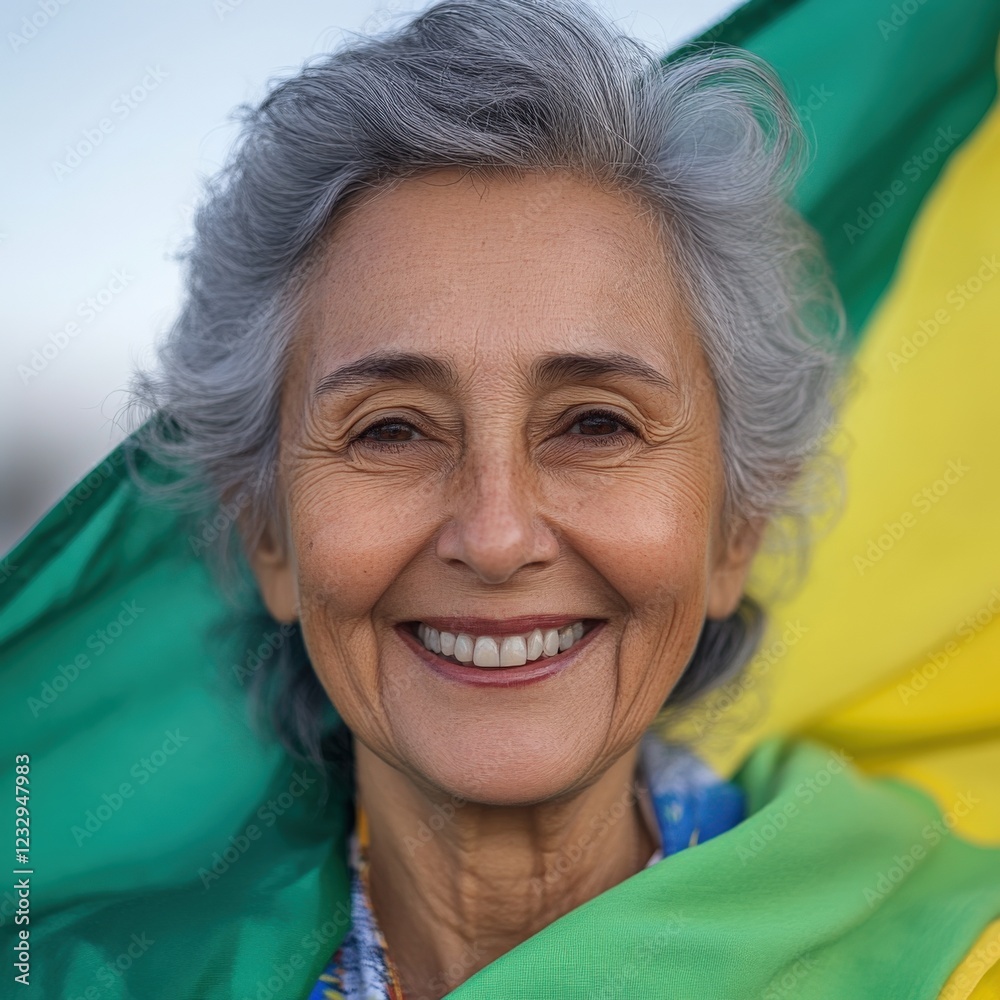 portrait of a smiling senior woman wrapped in a green and yellow flag