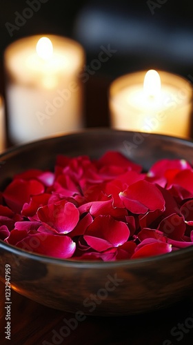 Decorative rose petals in a bowl surrounded by flickering candles