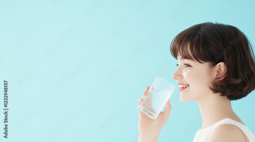 young woman drinking water on a blue background young woman drinking water on a blue background