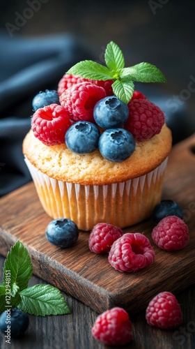 Freshly baked cupcake topped with blueberries and raspberries on a wooden cut...