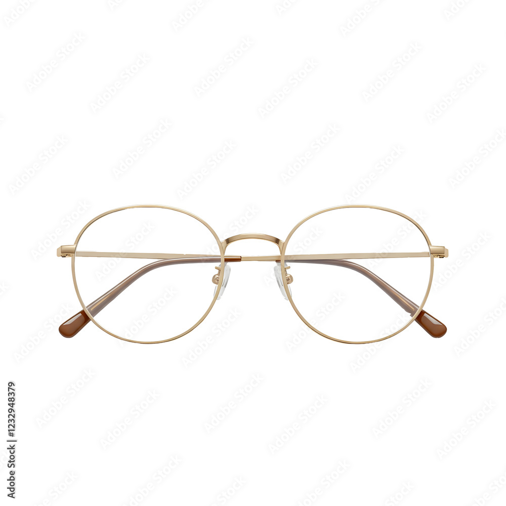 Gold-rimmed round glasses with brown temples on transparent background, front view, transparent background. PNG
