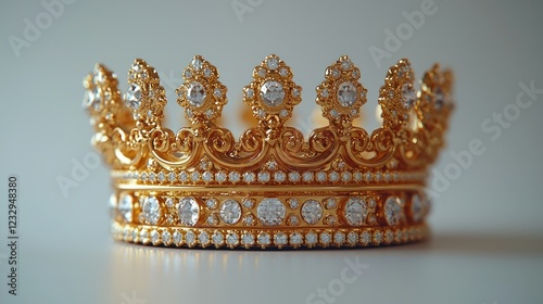 Jeweled gold crown on white surface, subtle background light photo