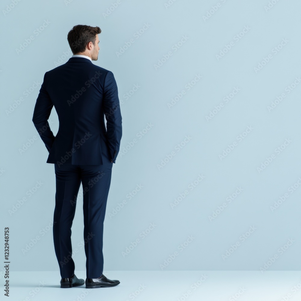 businessman in suit standing with hands in pockets and looking over his shoulder businessman in suit standing with hands in pockets and looking over his shoulder
