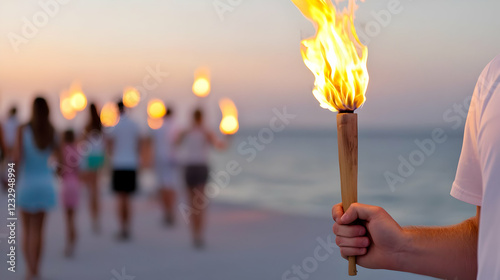 Beach sunset, family torchlight walk, ocean background, summer vacation photo