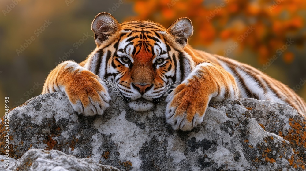 Obraz premium Majestic tiger resting on rock, autumn forest. Wildlife nature photography