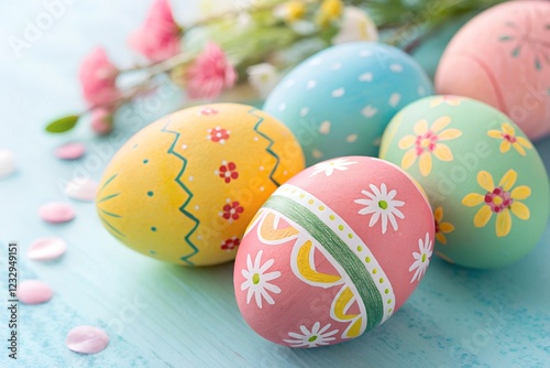 Colorful Easter Eggs on Blue Background photo