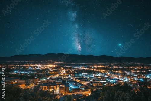 Night sky filled with stars over a city skyline with illuminated buildings an...
