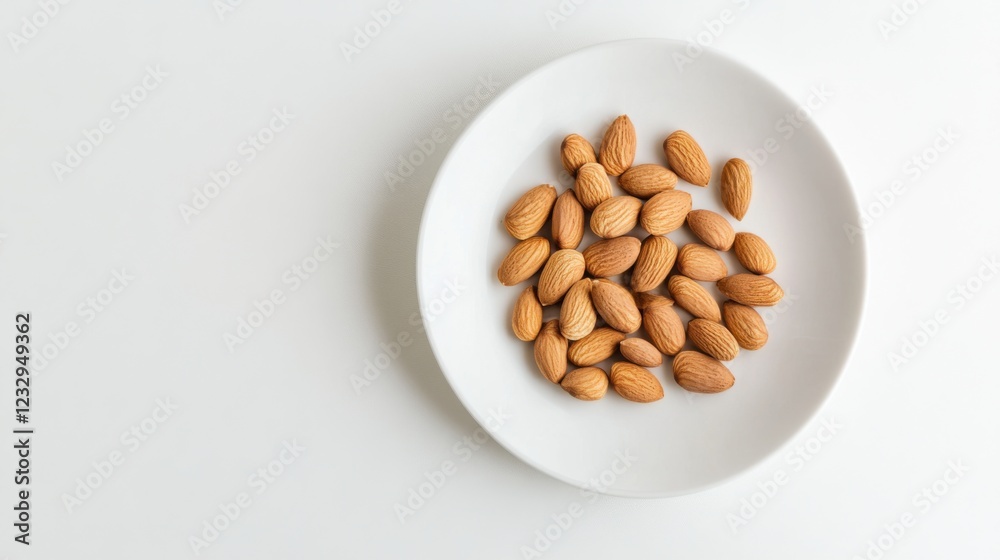 A simple serving of lightly salted roasted almonds, neatly arranged on a plain white ceramic plate, Almonds centered A simple serving of lightly salted roasted almonds, neatly arranged on a plain white ceramic plate, Almonds centered