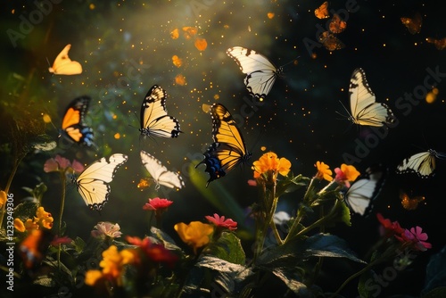 Colorful butterflies fluttering among vibrant flowers in a serene garden duri...