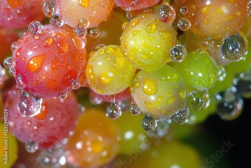 Macro view of colorful water droplets on fresh, ripe grapes in a natural setting